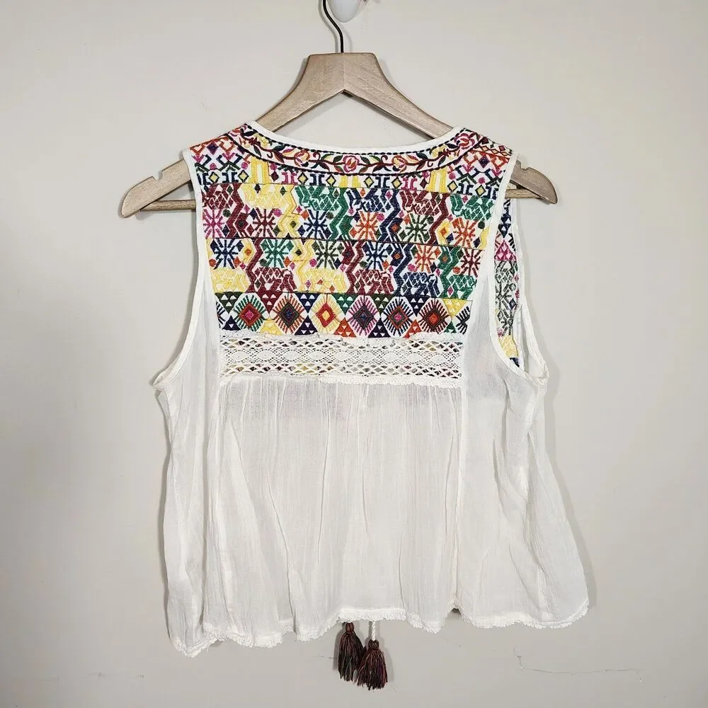 Free People Boho Embroidered Peasant Tank Top Size M Cream Festival